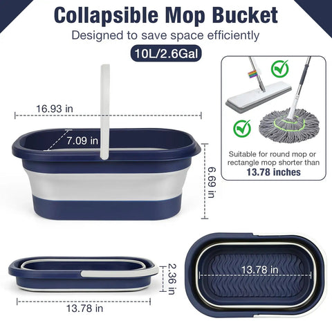 Portable Collapsible Mop Bucket With Handle For Car Washes And Laundry, lightweight silicone bucket with dimensions displayed.