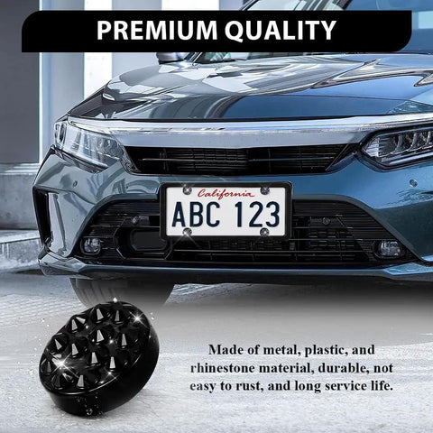 Upgrade Your Rig With Straight Fire Bling License Plate Screws And Rhinestone Caps 4 Piece Kit Corrosion Resistant metal fasteners on car.