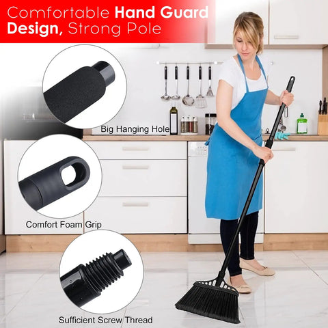 Heavy Duty 3 Pack Broom Set With 55 Inch Telescoping Pole And Padded Eva Grip used for cleaning kitchen floors, showing comfort grip and strong pole.