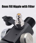 Close-up of 8mm fill nipple with filter on Dual Gauge DIN Valve Fill Station Adapter With 20 Inch Hose 4500psi 300bar.