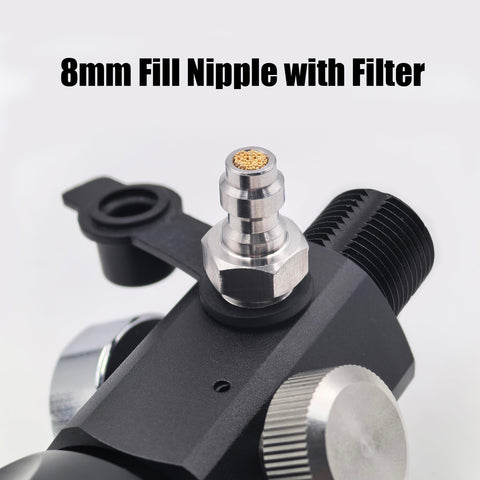 Close-up of 8mm fill nipple with filter on Dual Gauge DIN Valve Fill Station Adapter With 20 Inch Hose 4500psi 300bar.