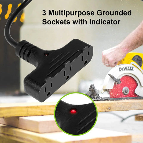 Close-up of 30 Ft Retractable Extension Cord Reel With 16/3 SJTW Heavy Duty Power Cord And Three Outlets, used in workshop.
