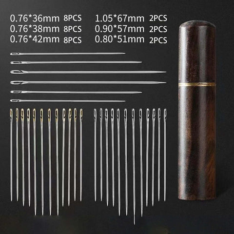 Self Threading Hand Sewing Kit With 30 Tools In A Sturdy Wooden Case Handy Embroidery And Repair Set For Beginners And Pros Easy Grip Tools For Quick Patches And Creative Stitching Projects. wooden case with metal self-threading needles, assorted sizes