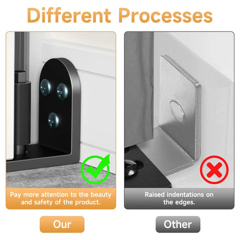 Comparison of Adjustable Barn Door Roller Kit With Floor Guide showing flush flat bottom and rounded edge vs raised indentations