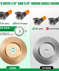 Wood Carving Disc Set for 4 Inch and 4.5 Inch Angle Grinders, showing 7/8 to 5/8 inch arbor adapters and comparison with others in 14 piece kit.