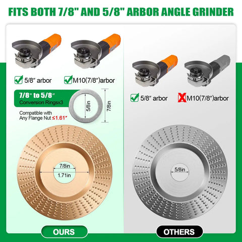 Wood Carving Disc Set for 4 Inch and 4.5 Inch Angle Grinders, showing 7/8 to 5/8 inch arbor adapters and comparison with others in 14 piece kit.