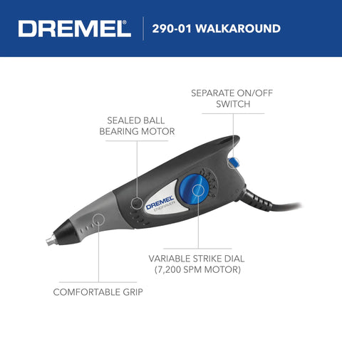 Side view of 120-Volt Engraver Rotary Tool With Stencil Kit for DIY personalizing leather, wood, glass, metal and more with adjustable depth dial.