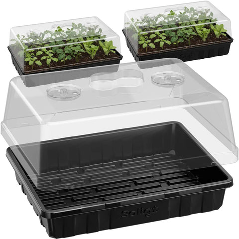 Three Pack Seed Starter Trays With Five Inch Humidity Domes, 144 Cells Total, black plastic trays and clear domes for seed germination