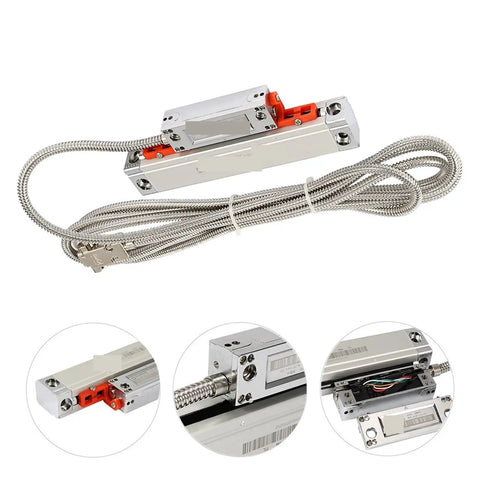Heavy Duty Three Axis Digital Readout System With Rock Solid Cast Aluminum Shell And Slick Ka Linear Scale Plus Optic Encoder Ruler For Lathe Mill Rigs Boss Grade Accuracy Package Of Four close-up of optical encoder ruler with stainless steel cable.