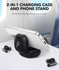 Adaptive Noise Cancelling Wireless Earbuds with 2-in-1 case and phone stand on airplane tray table