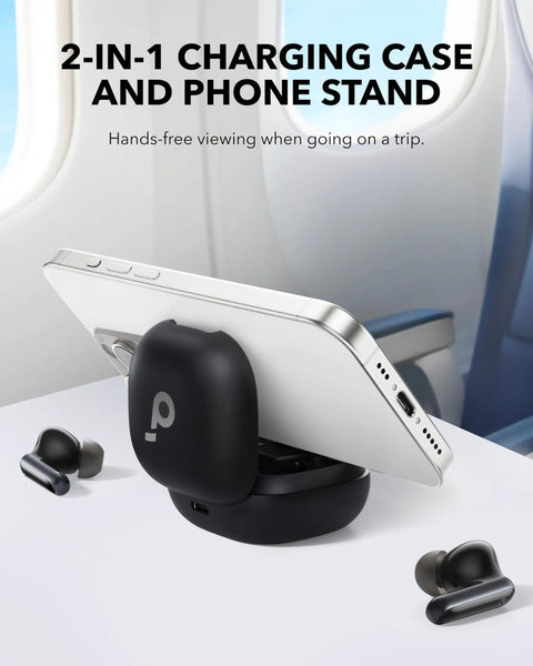 Adaptive Noise Cancelling Wireless Earbuds with 2-in-1 case and phone stand on airplane tray table