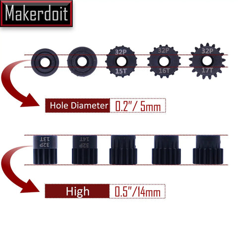 32P 5mm Pinion Gear Set For RC Cars With Hex Key 13T 14T 15T 16T 17T, showing gear sizes and dimensions