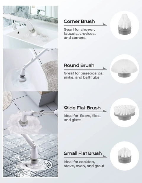 Cordless Electric Spin Scrubber With Dual Speed Settings, Extendable Arm, And Four Replaceable Heads For Tub, Tile, Sink.