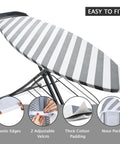 Beefed Up Heavy Duty Ironing Board Cover And Pad With Pull Bungee Fit System shown on ironing board with striped design