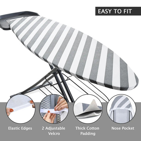 Beefed Up Heavy Duty Ironing Board Cover And Pad With Pull Bungee Fit System shown on ironing board with striped design