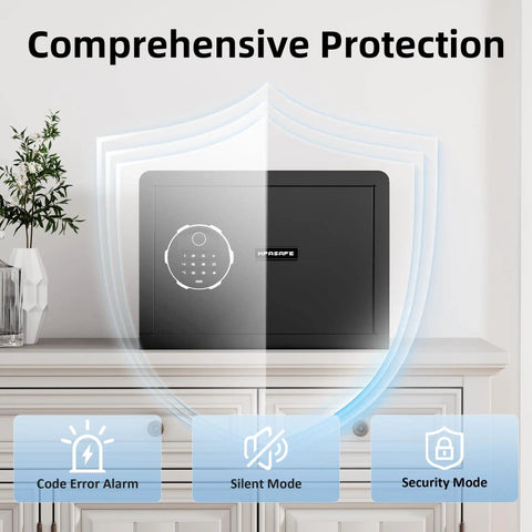 Front view of Compact Biometric Safe Box With 0.8 Cu Ft Capacity, Fingerprint Scanner Unlocks In 0.3 Seconds, on a dresser.