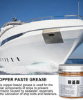 Copper Thread Grease Anti Seize Lubricant For Brake Systems And Metal Fasteners High Temp Top Notch Formula With Brush Prevent Seizing Stuck Bolts And Threads 100g shown in jar with yacht background.
