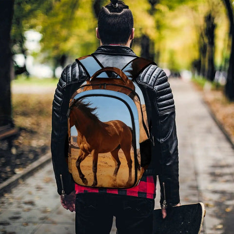 Individual wearing Western Style Horse Print Unisex Backpack With Large Capacity For School, Work, And Travel.