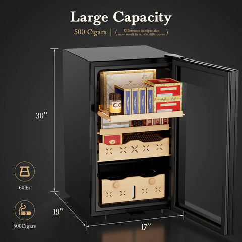 Open view of 65L Electric Cigar Humidor with 500 count capacity, showing Spanish cedar drawer, black finish, detailed dimensions.