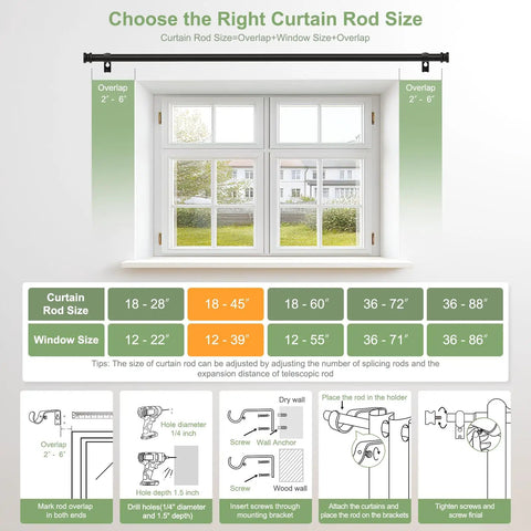 Diagram illustrating window size compatibility for heavy duty all metal curtain rod in matte black adjustable from 18 to 45 inches.