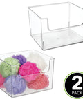 Open Front Bathroom Storage Bins for Vanity Cabinets and Closets, Clear Plastic Cubby Organizer Baskets, 2 Pack with Loofahs