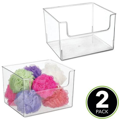 Open Front Bathroom Storage Bins for Vanity Cabinets and Closets, Clear Plastic Cubby Organizer Baskets, 2 Pack with Loofahs
