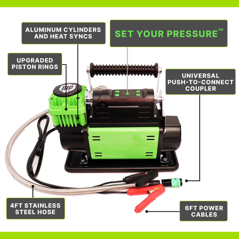 FiveSix PSI Pro Auto Shutoff 12V Off Road Air Compressor With 4Ft Hose Portable Single Cylinder 5.6 CFM front view with labels