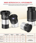1.25 Inch Telescope Eyepiece Kit With 6mm 12.5mm And 32mm Plossl Lenses, 2x Barlow Lens, and technical specifications chart