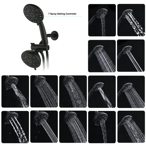 High Pressure Rain and Handheld Shower Head System With Valve, 48 Settings, Dual 2 In 1 Spray patterns, Matte Black Finish