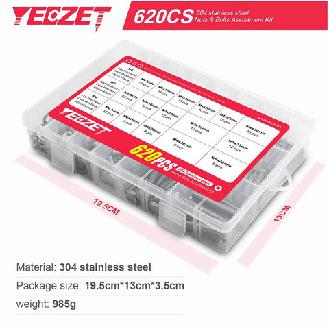 YEEZET 620pcs stainless steel bolts and nuts assortment kit in a clear plastic storage box