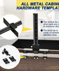 All Metal Adjustable Cabinet Hardware Jig With 5mm And 4mm Drilling Templates, 10 Inch High By 16 Inch Wide, Stainless Steel and Aluminum with level bar and fittings displayed.