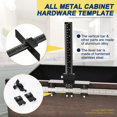 All Metal Adjustable Cabinet Hardware Jig With 5mm And 4mm Drilling Templates, 10 Inch High By 16 Inch Wide, Stainless Steel and Aluminum with level bar and fittings displayed.