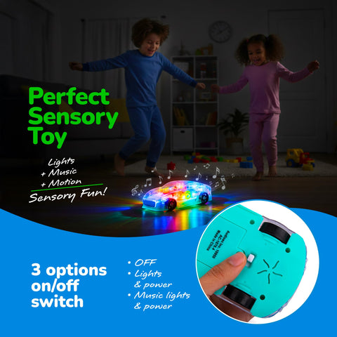 Light Up Transparent Sensory Car Toy With Bump N Go Action, Colorful Moving Gears, Music And LED Effects For Kids, A Totally Fun Easter Gift For Toddlers And A Perfect Birthday Present