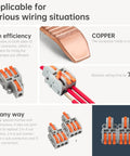 Ten Piece Mini Electrical Wire Connectors For DIY Splicing Across Four Way Six Way Eight Way Nine Way Ten Way Butt Terminal Block Connectors Nylon Insulated Safe Durable One In Three Out Easy Install showing installation options and copper conductor.
