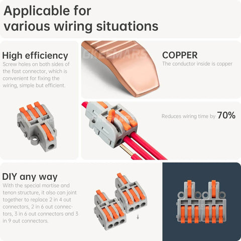 Ten Piece Mini Electrical Wire Connectors For DIY Splicing Across Four Way Six Way Eight Way Nine Way Ten Way Butt Terminal Block Connectors Nylon Insulated Safe Durable One In Three Out Easy Install showing installation options and copper conductor.