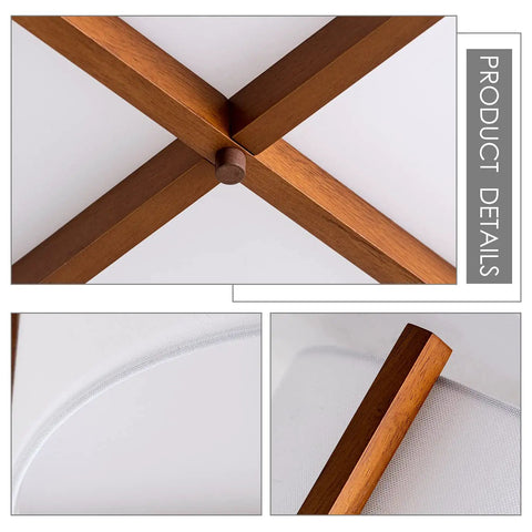 Close-up of wood frame and fabric shade details of Semi Flush Mount Ceiling Light Fixture With Wood And Off White Fabric Drum Shade Modern Chandelier For Bedroom Dining Room Corridor Living Room 4 Light On Trend Cozy Vibe