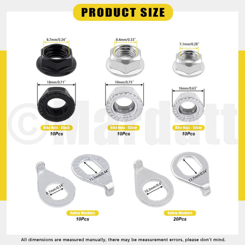 Mardatt 60‑Piece bike wheel axle nuts and washers kit: black and silver hex flange nuts (M8/M9.5/M10) with hub washers