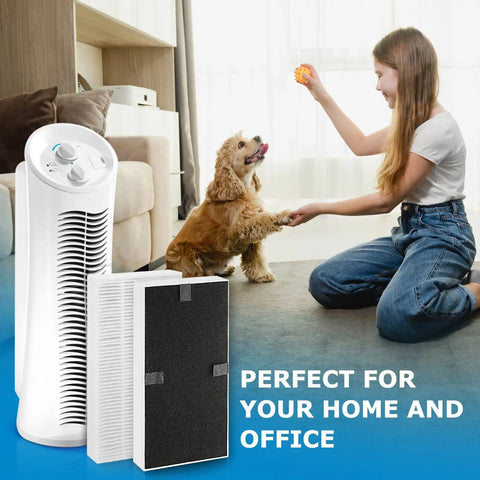 Scene showing 4 Pack FRF102B Replacement Filters For Febreze Air Purifiers FHT170 FHT180 FHT190 Dual Action HEPA Type And Honeywell HHT270 HHT290 U Filter HRF201B with purifier and dog playing with woman