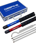 Carbide Tipped Wood Lathe Tools Set with swan neck, rougher, and finisher heads, 19.5" soft grip handle, blue case.