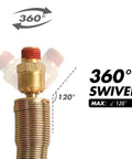 360° swivel detail of Solid Brass 1/4 Inch Mnpt connection on Red Heavy Duty Rubber Air Hose for compressors.