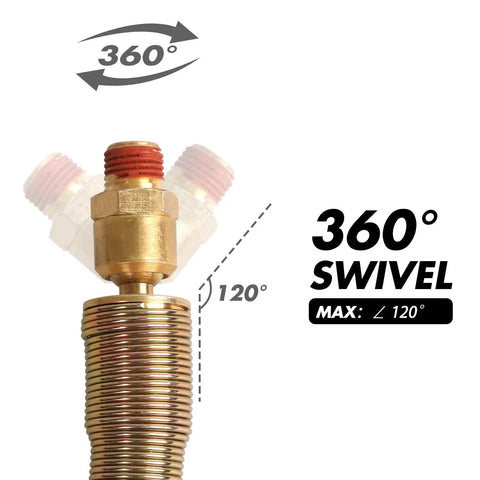 360° swivel detail of Solid Brass 1/4 Inch Mnpt connection on Red Heavy Duty Rubber Air Hose for compressors.