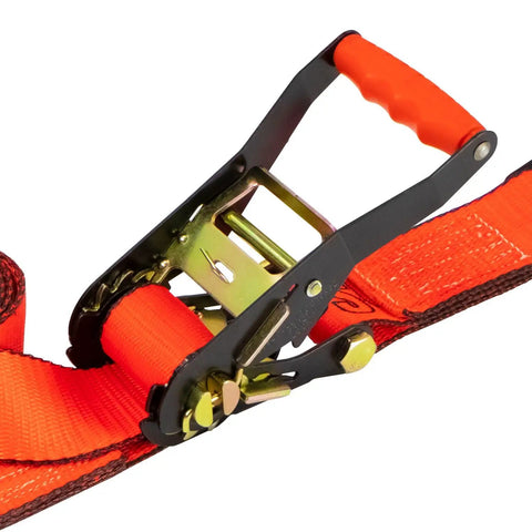 Close-up of Beefy Pro Series 2 Inch Ratchet Strap With Wire Hooks, showing black ratchet mechanism and optic orange webbing.