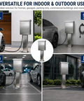 Tough As Nails Outdoor EV Charger Enclosure With Key Lock Security in various locations including garage and parking lot.