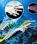 Close-up of 14 Piece Glow In The Dark Shrimp Lures Set With Bait Box showing lure details, luminous hooks, and underwater scene.