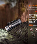 E18R V2.0 1200 Lumen EDC USB C Rechargeable Flashlight on a rugged outdoor surface, showing compact design and features.