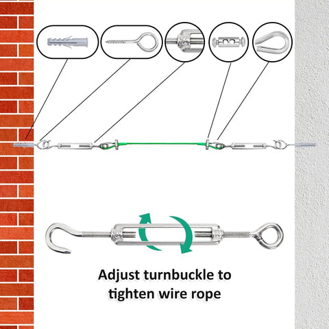 Diagram of 100ft Green PVC Coated Wire Rope Kit with wall plug, eye screw, clamp, thimble, turnbuckle on brick and concrete.