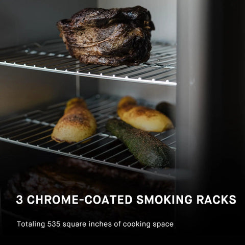 Electric Vertical BBQ Smoker with Analog Temperature Control 30 Inch, showing 3 chrome smoking racks inside unit