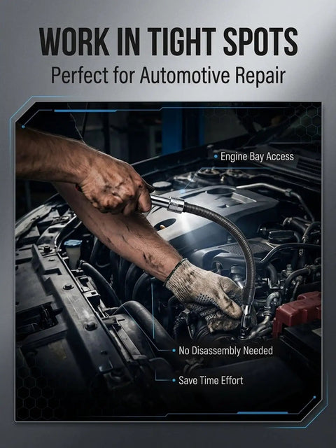Mechanic using Half Inch Flexible Shaft Extension Kit For Tight Spots That Grabs Hard To Reach Areas in car engine bay