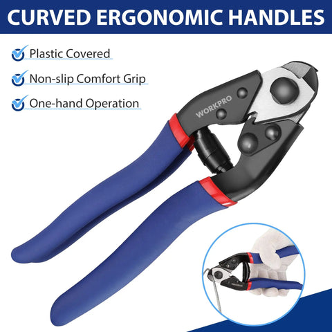 Heavy Duty Cable Cutter with ergonomic blue grips, 7.5 inch chrome vanadium steel jaw for aircraft cables and wire ropes