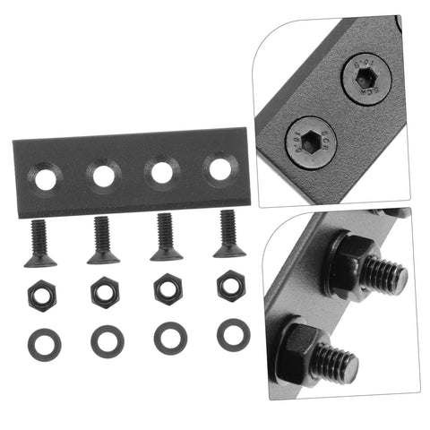 Black Sliding Barn Door Track Connector Kit Sturdy Metal Hardware For No Hassle Installation Smooth Angled Track Connector Plate Exterior Barn Door Hardware For Durable Support Quick Setup And Secure Fit For Your Barn Doors showing metal plate, screws, washers, and nuts.